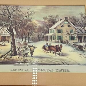 Vintage Currier & Ives American Homestead Winter Framed Lithograph Print 1868